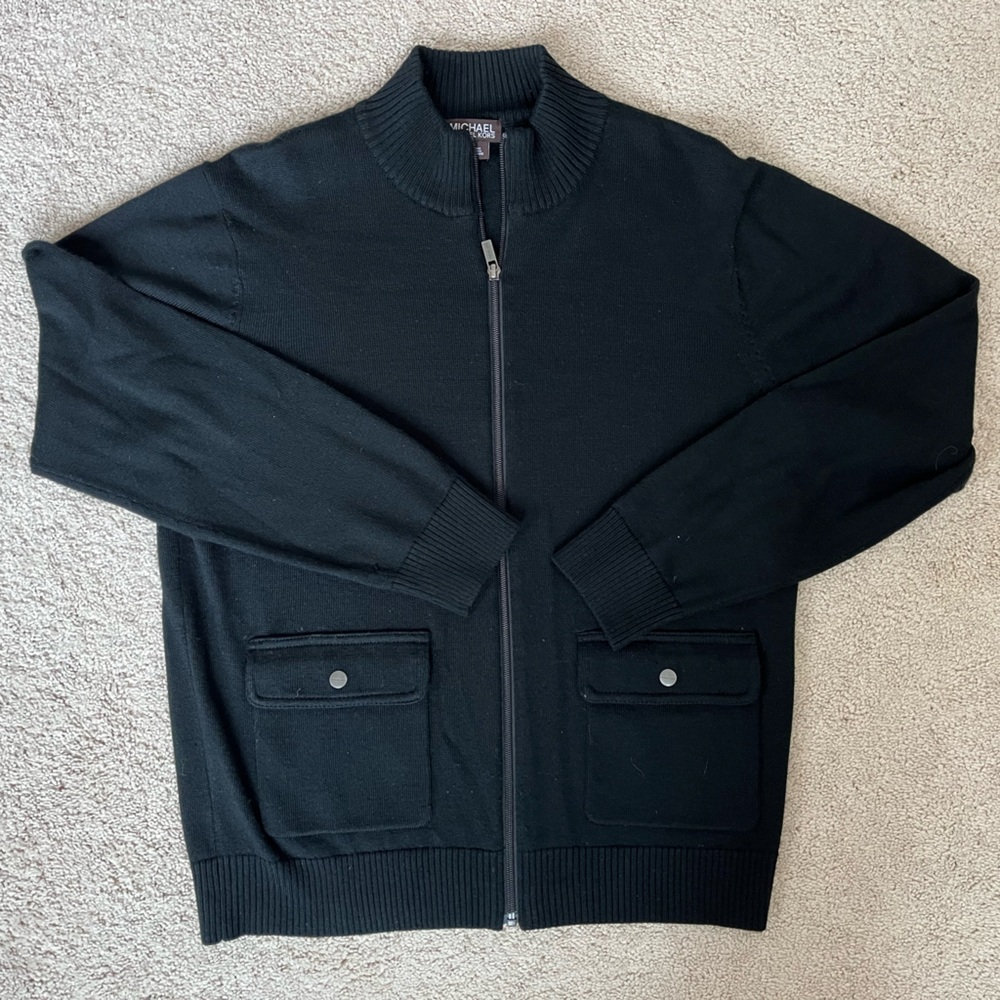 Michael Kors Black Wool-Blend Full Zip Collared Cardigan Sweater Jacket Size L